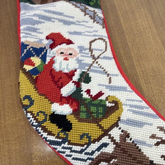 Vintage Needlepoint Christmas Stocking Santa Sleigh Reindeer Red Fabric Back - Picture 4 of 11
